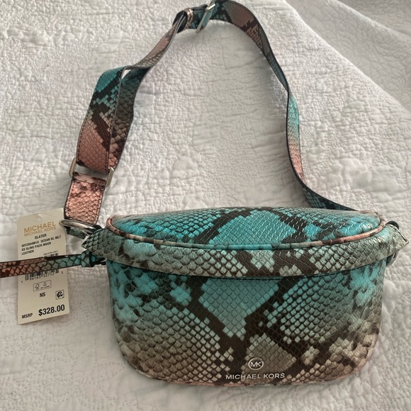 Michael Kors crossbody sling purse NWT Exotic Leather Ocean Blue Multi MSRP $328 - Picture 1 of 9